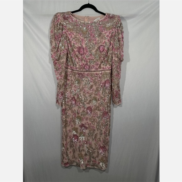 NWT‎ $498 Mac Duggal [ 12 ] Sequined Puff Sleeve High Neck Dress Rose Pink - Picture 8 of 16